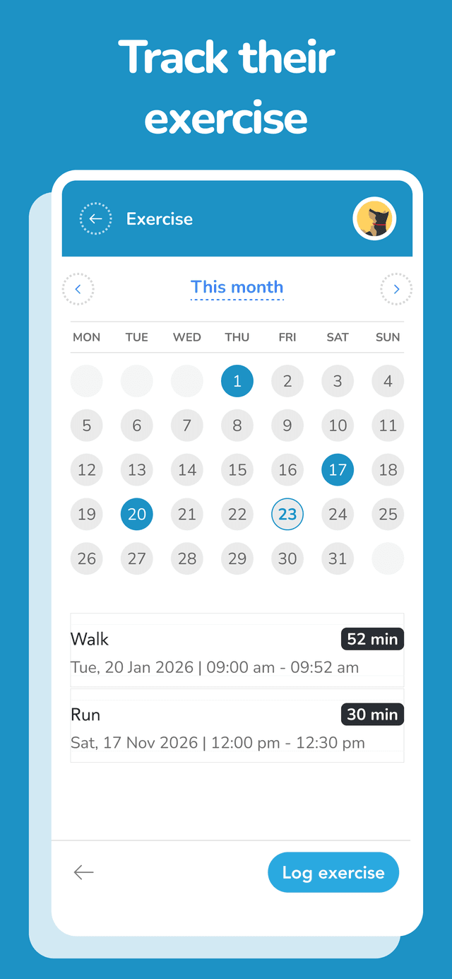 PetOS exercise tracking screen with walk and run activity logs