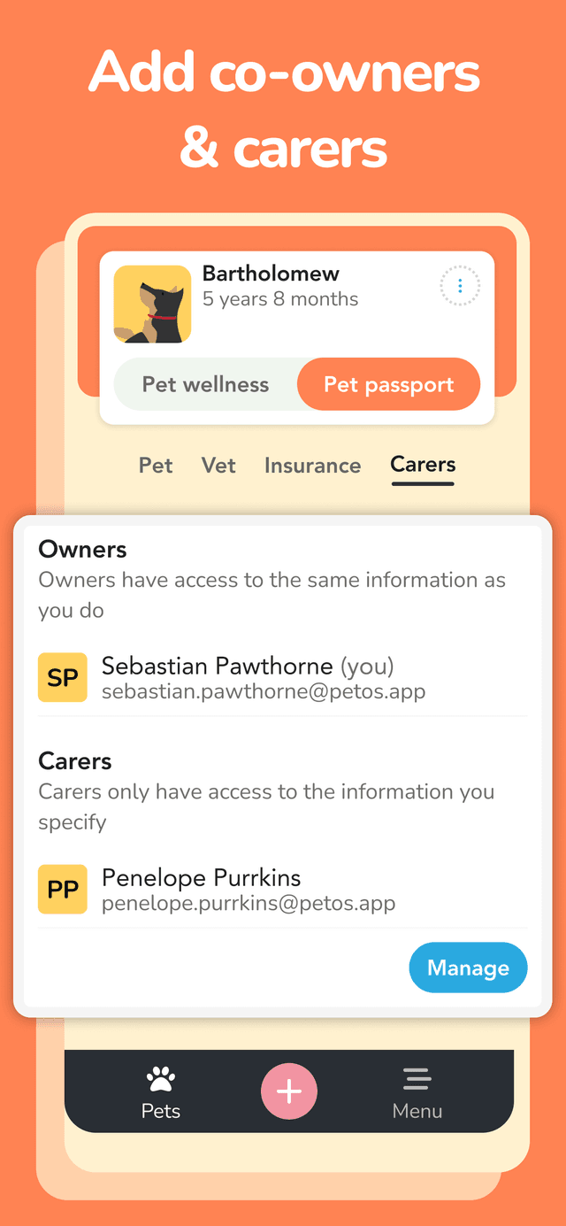PetOS co-owners and carers screen showing shared pet access management
