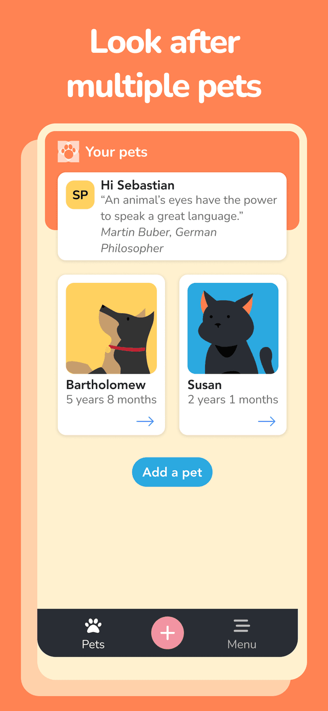 PetOS home screen showing multiple pet cards with pet photos